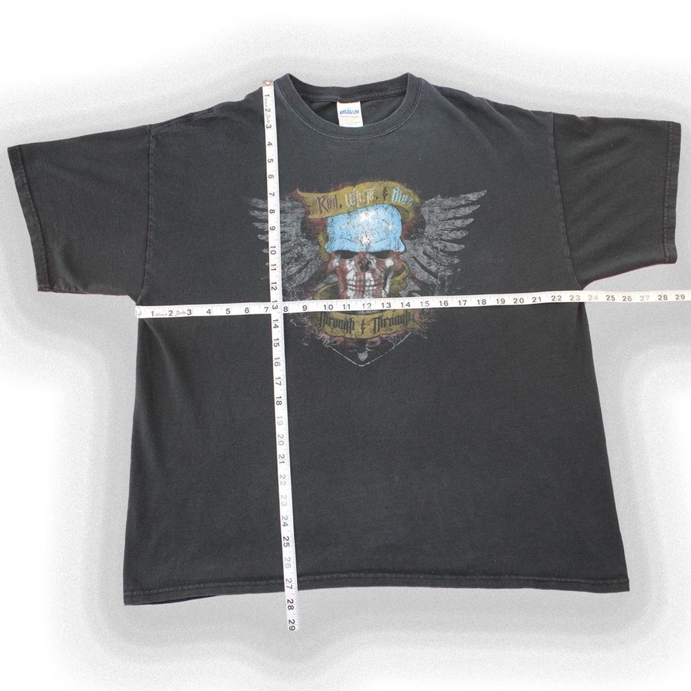 Gildan Vintage Y2K Black Skull American Flag Graphic Tee Mens XL Biker T-Shirt - Picture 2 of 6